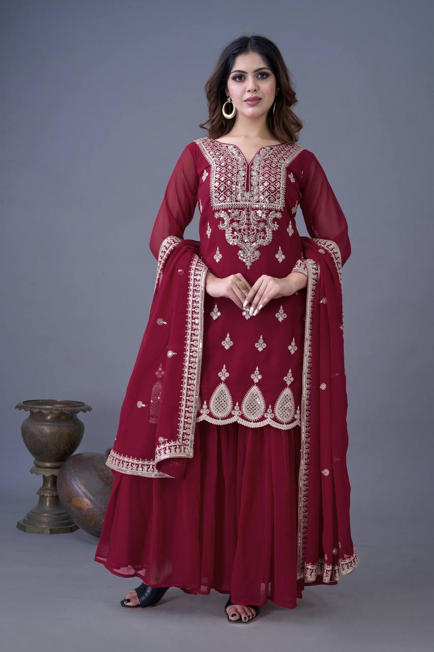 Embroidery Work Maroon Color Sharara Suit