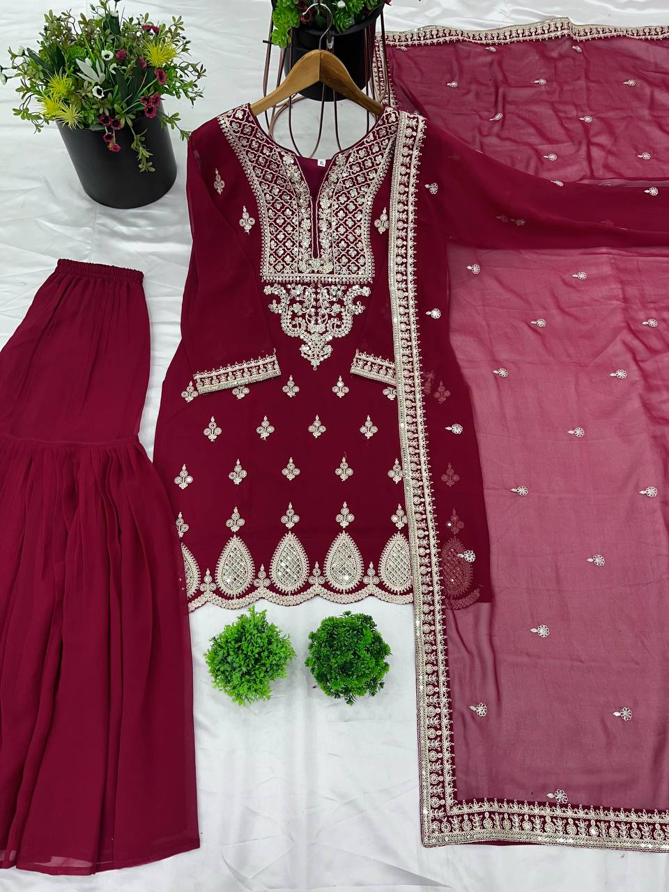 Embroidery Work Maroon Color Sharara Suit