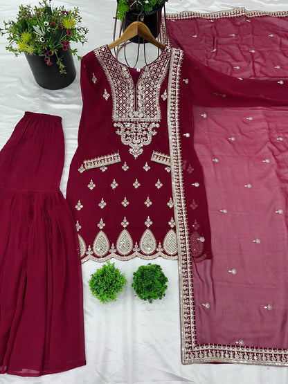 Embroidery Work Maroon Color Sharara Suit