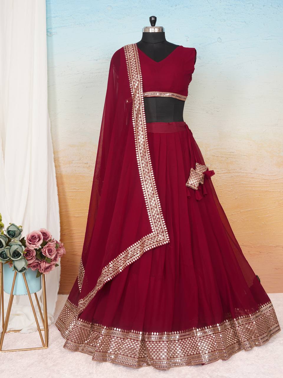 Function Wear Embroidery Work Maroon Color Lehenga Choli