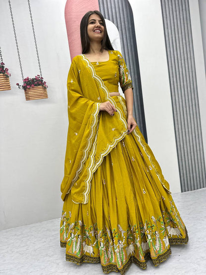 Eyes Catching Chinon Yellow Color Haldi Wear lehenga Choli