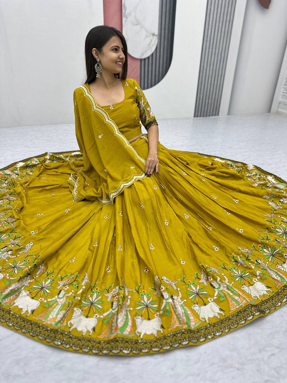 Eyes Catching Chinon Yellow Color Haldi Wear lehenga Choli