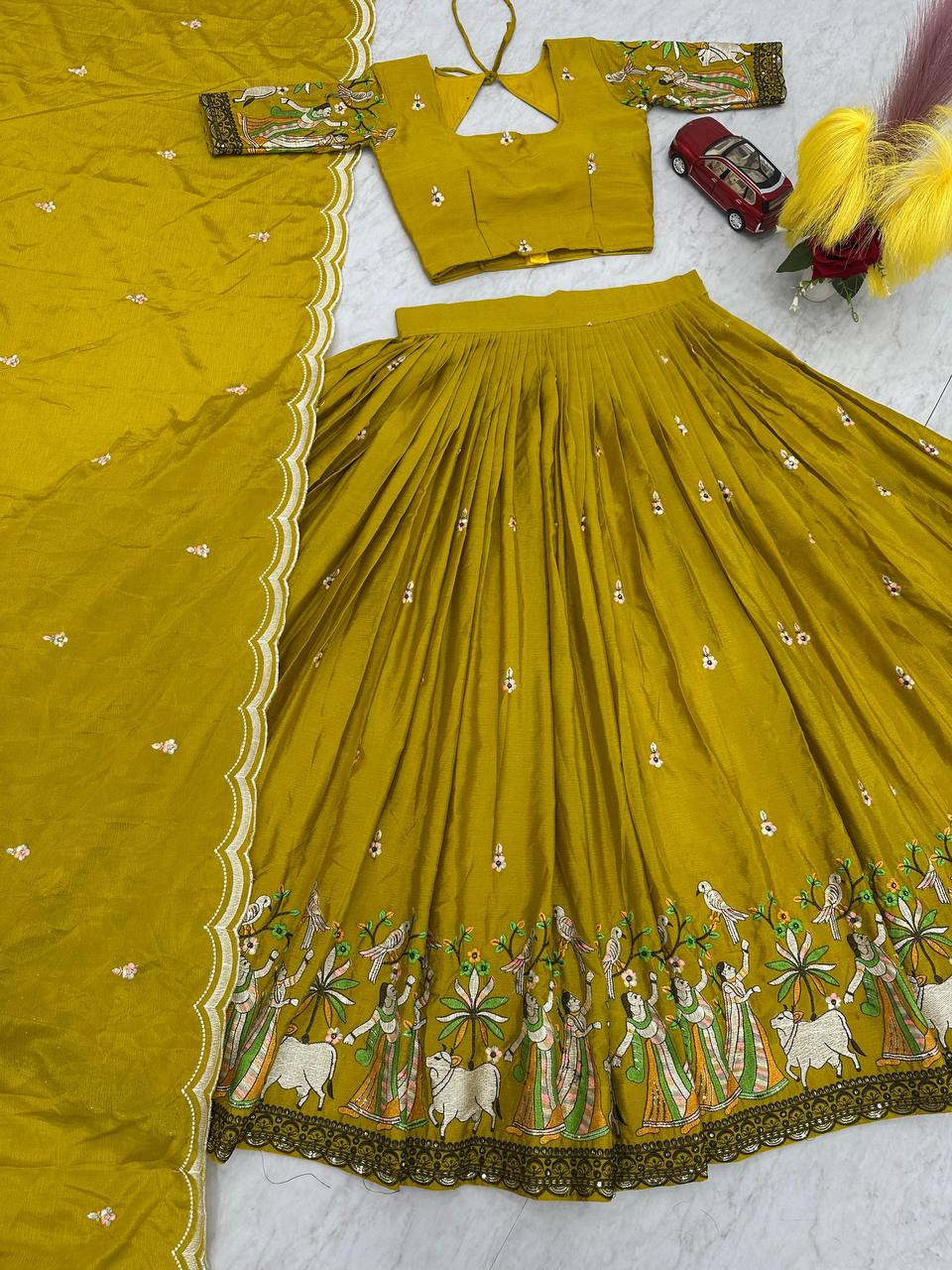 Eyes Catching Chinon Yellow Color Haldi Wear lehenga Choli