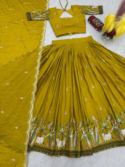 Eyes Catching Chinon Yellow Color Haldi Wear lehenga Choli