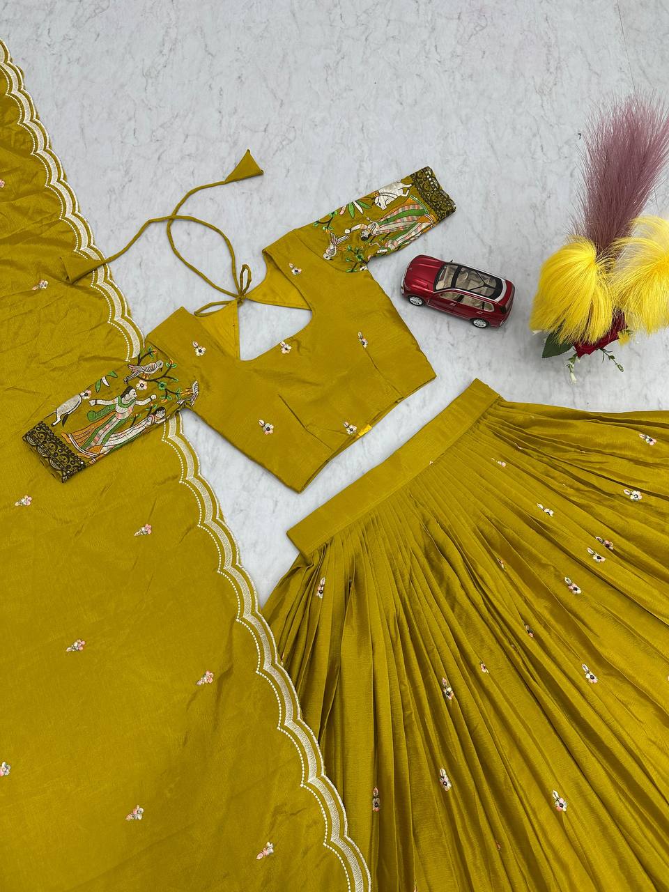 Eyes Catching Chinon Yellow Color Haldi Wear lehenga Choli