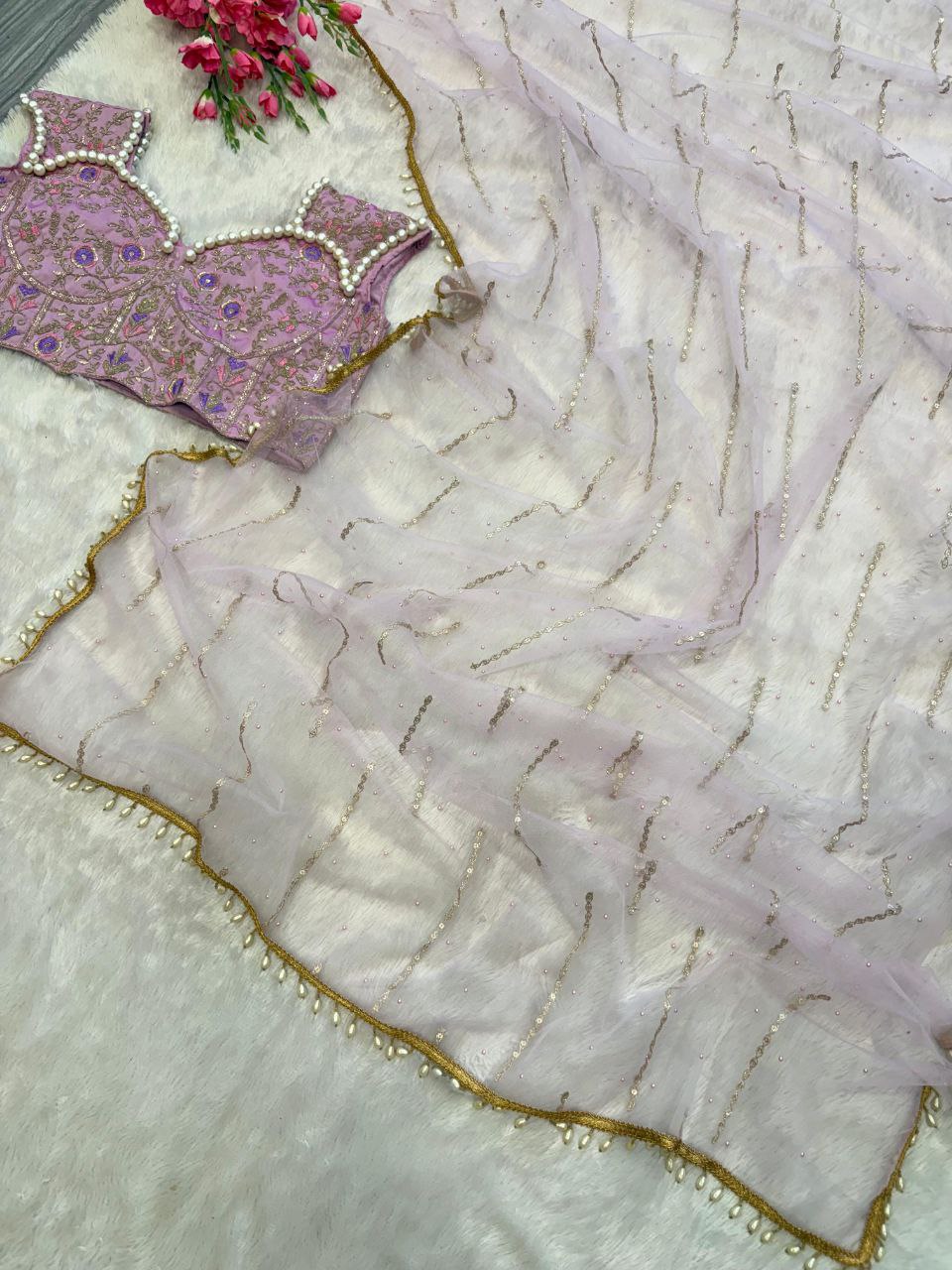 Party Wear Butterfly Net Hand Pearl Work Pink Color Saree
