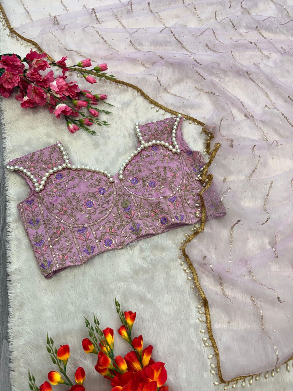 Party Wear Butterfly Net Hand Pearl Work Pink Color Saree