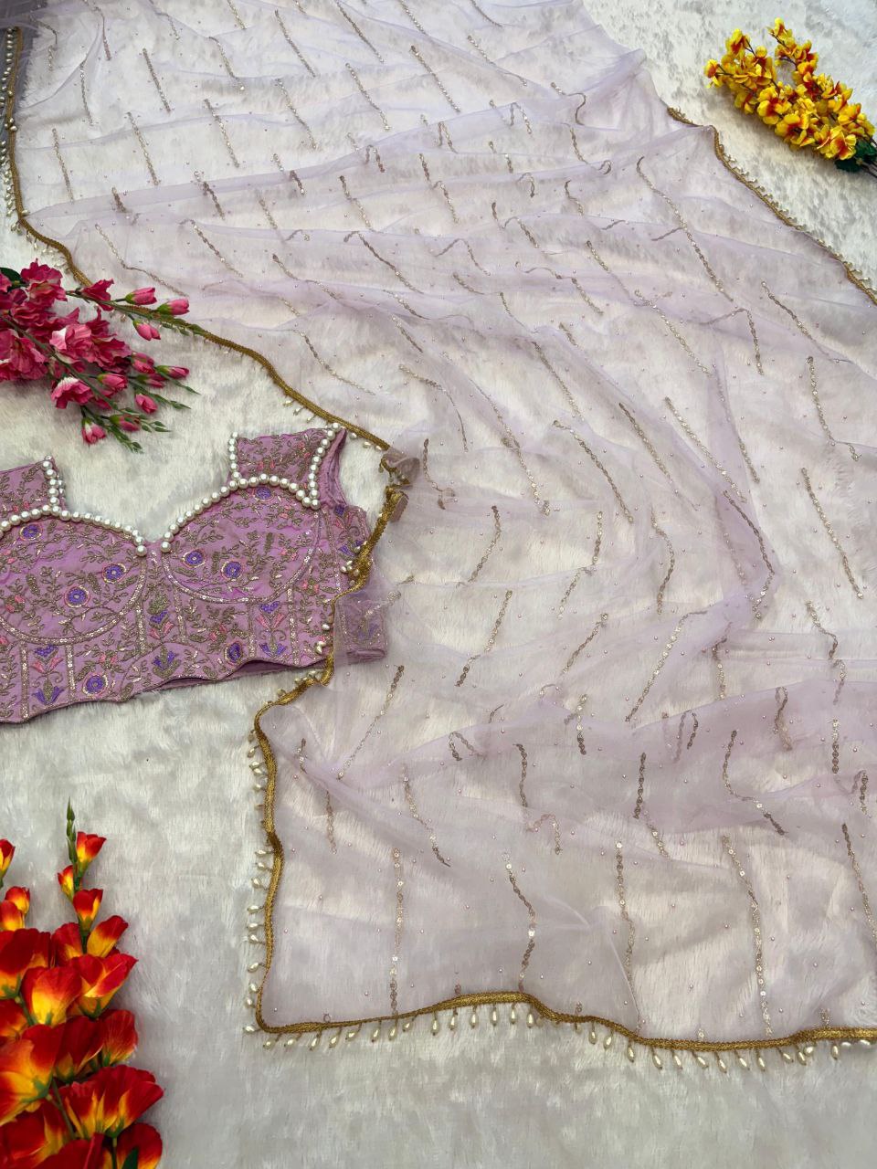 Party Wear Butterfly Net Hand Pearl Work Pink Color Saree