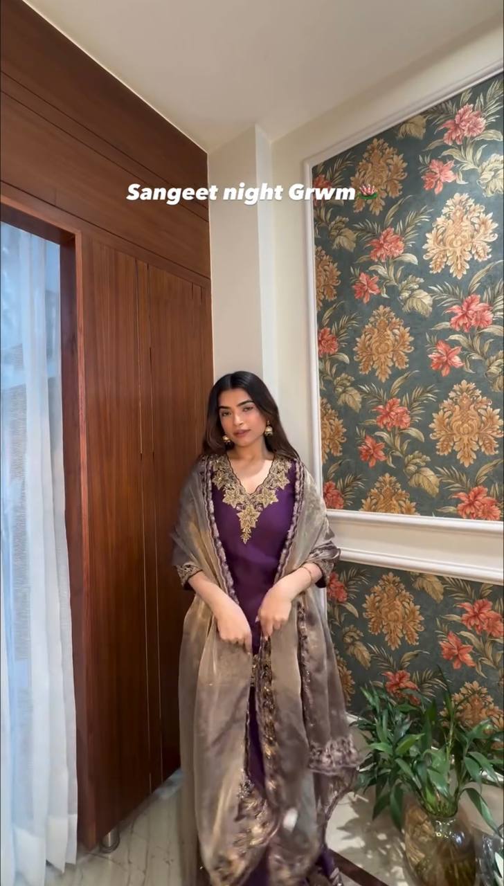Function Wear Sequence Work Purple Color Palazzo With Dupatta Set