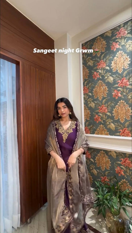 Function Wear Sequence Work Purple Color Palazzo With Dupatta Set