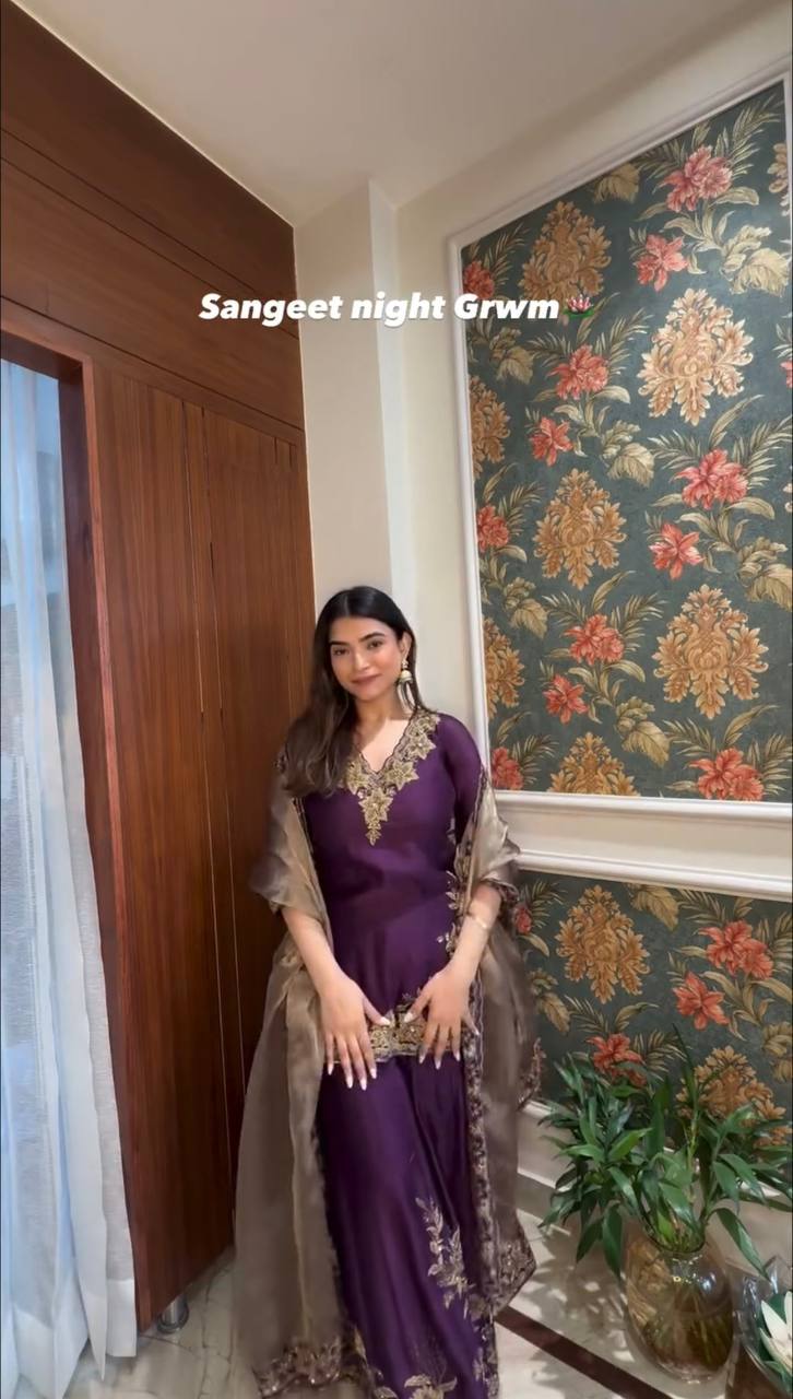 Function Wear Sequence Work Purple Color Palazzo With Dupatta Set