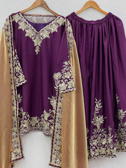 Function Wear Sequence Work Purple Color Palazzo With Dupatta Set