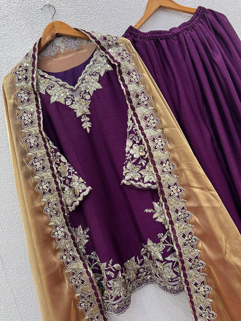 Function Wear Sequence Work Purple Color Palazzo With Dupatta Set