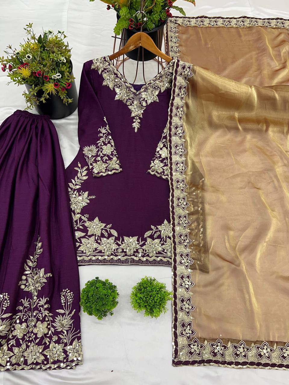 Function Wear Sequence Work Purple Color Palazzo With Dupatta Set
