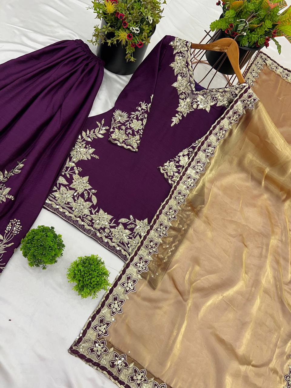Function Wear Sequence Work Purple Color Palazzo With Dupatta Set