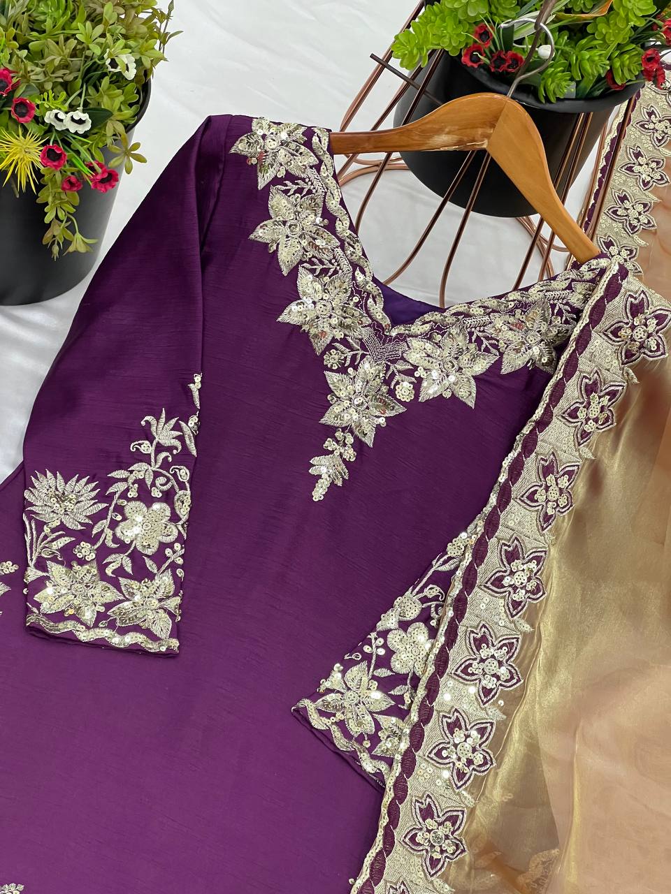 Function Wear Sequence Work Purple Color Palazzo With Dupatta Set