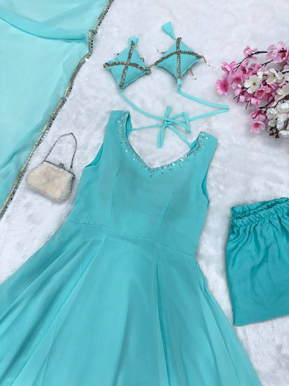 Wonderful Blue Color Hotfix Work Anarkali Gown