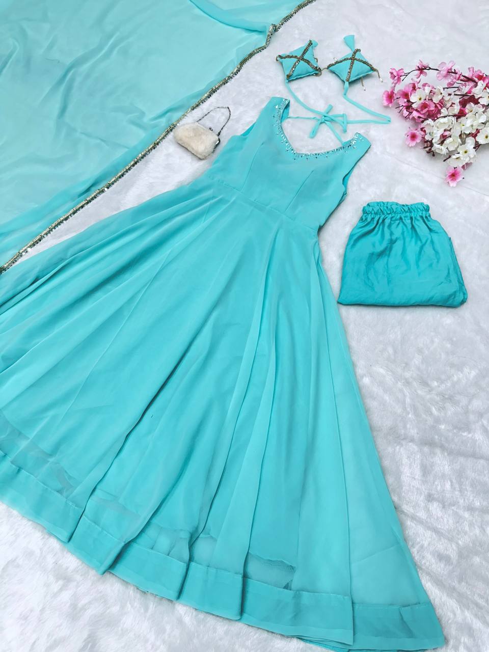 Wonderful Blue Color Hotfix Work Anarkali Gown