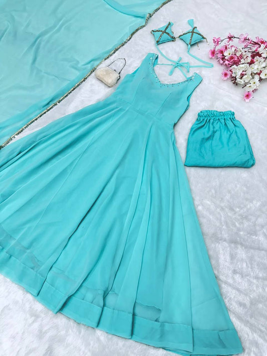 Wonderful Blue Color Hotfix Work Anarkali Gown