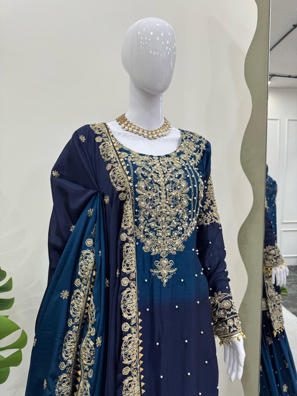 Glimmering Chinon Silk Double Shade Navy Blue Multi Color Sharara Suit