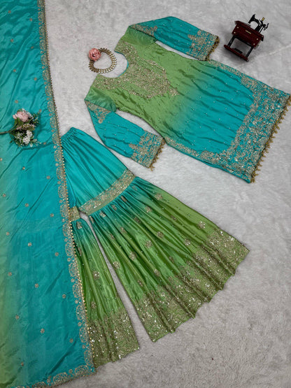 Glimmering Chinon Silk Double Shade Green Multi Color Sharara Suit