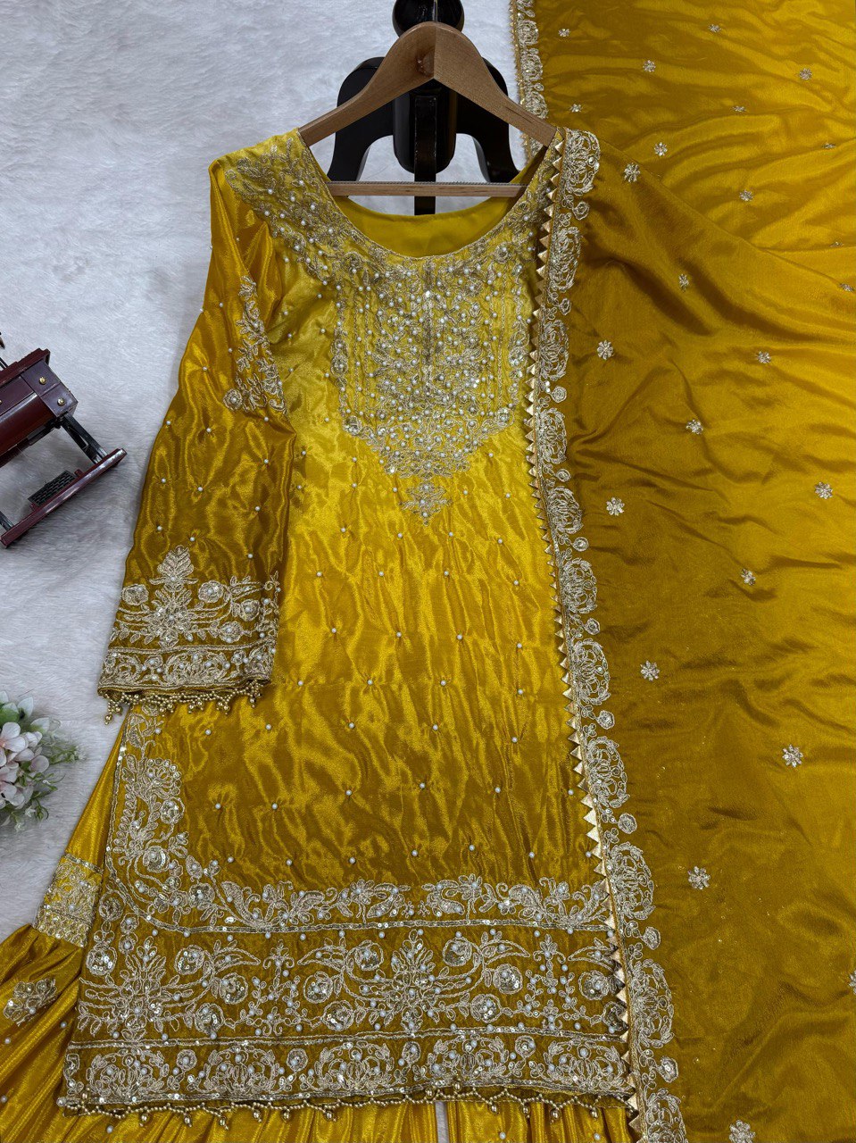Glimmering Chinon Silk Double Shade Mustard Multi Color Sharara Suit