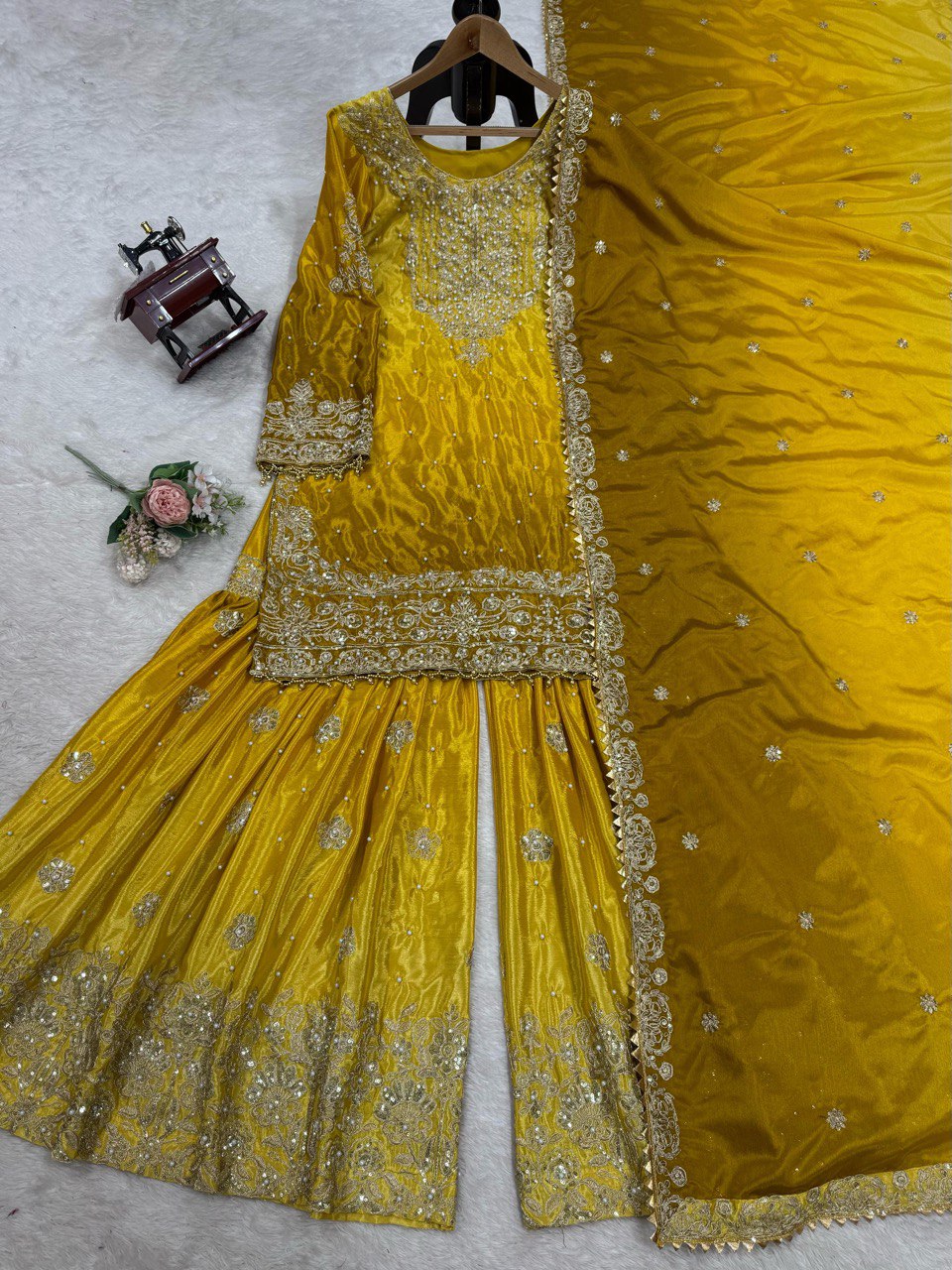 Glimmering Chinon Silk Double Shade Mustard Multi Color Sharara Suit