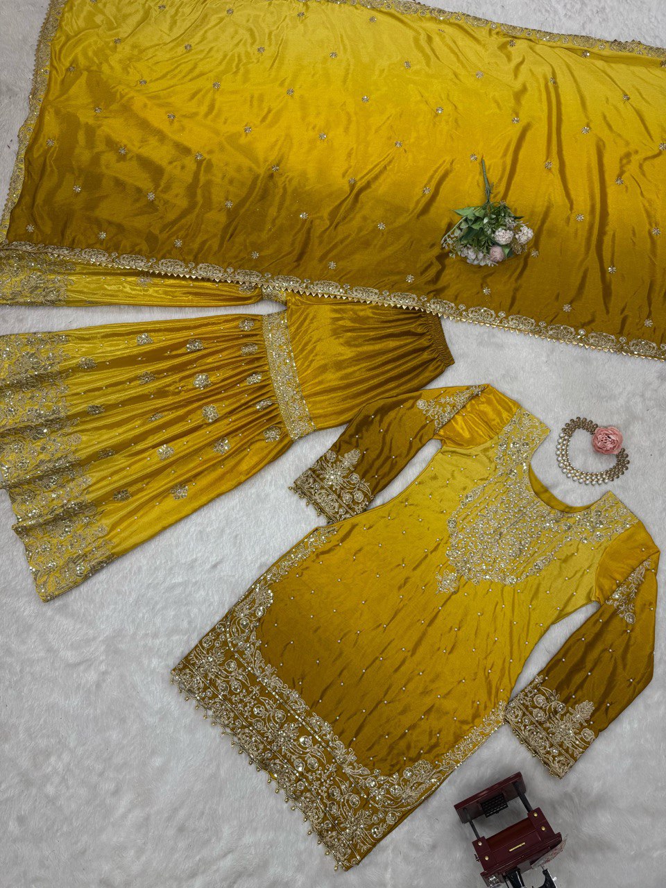 Glimmering Chinon Silk Double Shade Mustard Multi Color Sharara Suit