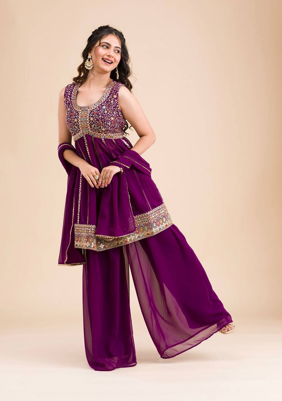 Flattering Wine Color Thread Work Palazzo Suit