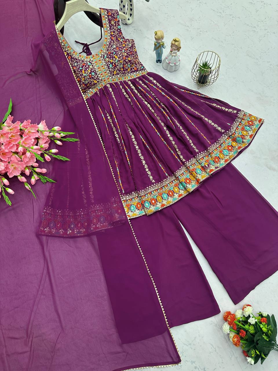 Flattering Wine Color Thread Work Palazzo Suit