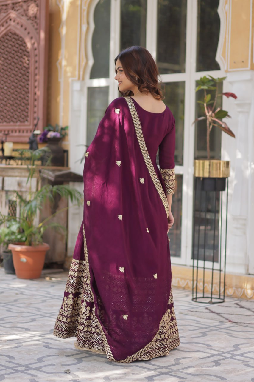 Demanding Vichitra Embroidery Work Wine Color Gown