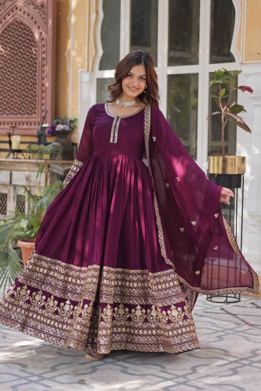 Demanding Vichitra Embroidery Work Wine Color Gown
