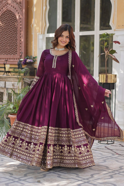 Demanding Vichitra Embroidery Work Wine Color Gown