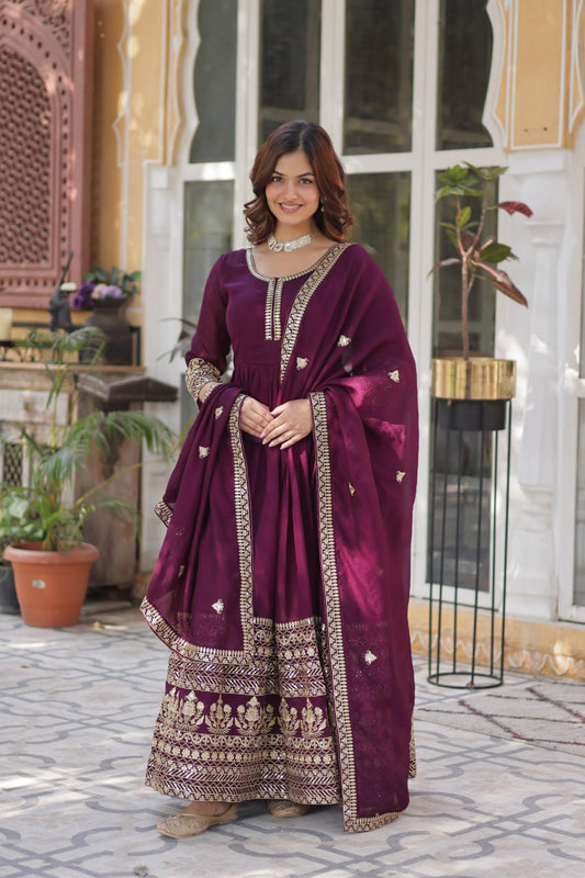 Demanding Vichitra Embroidery Work Wine Color Gown