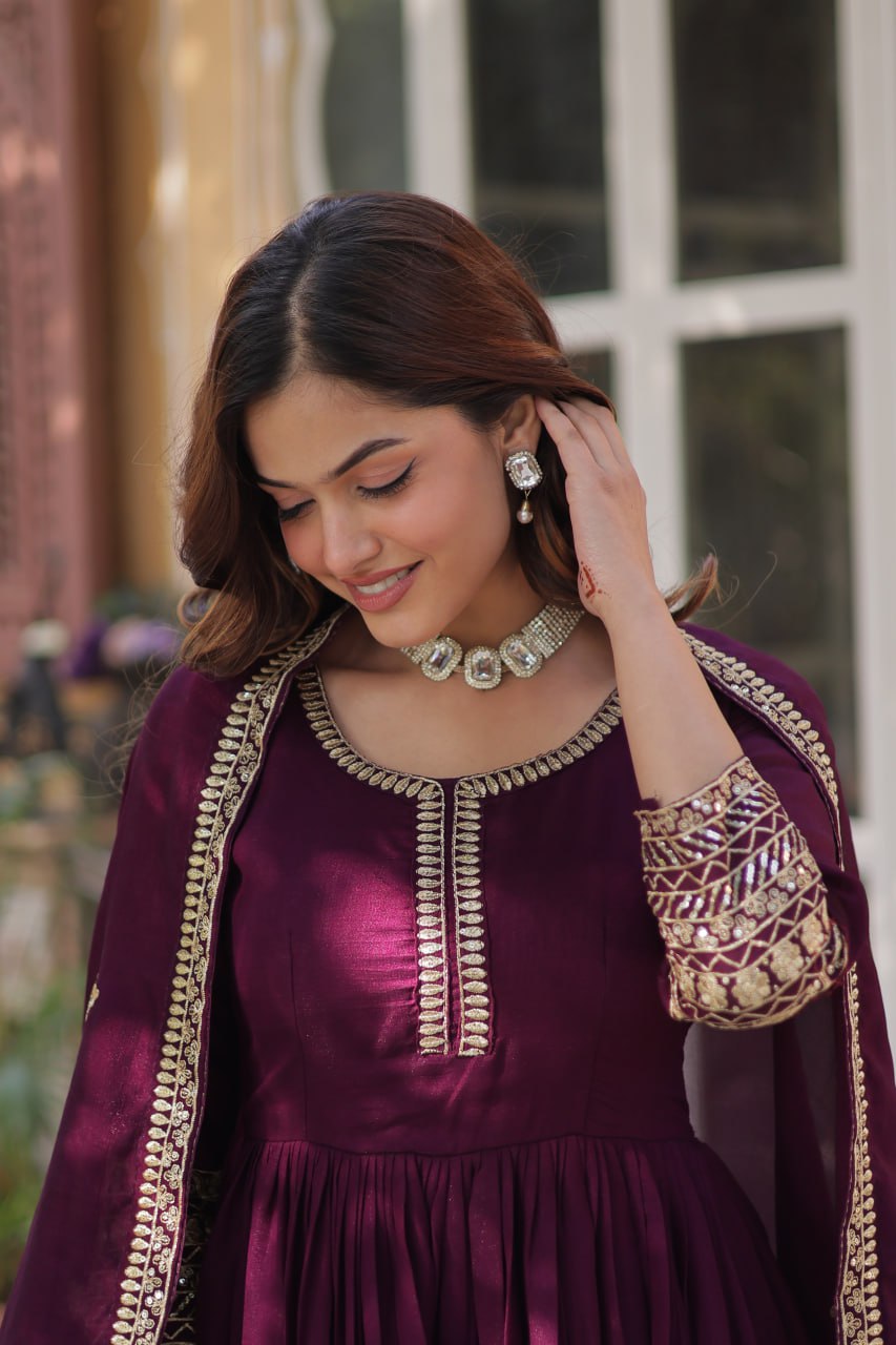 Demanding Vichitra Embroidery Work Wine Color Gown