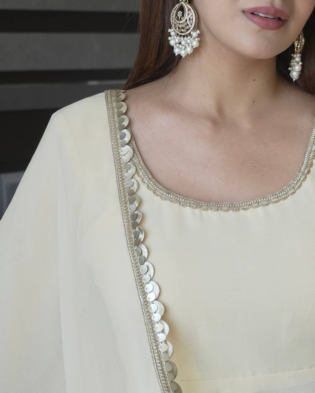 Fashionable White Color Georgette Anarkali Gown