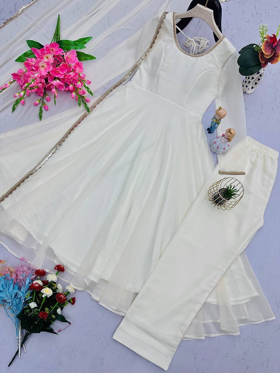 Fashionable White Color Georgette Anarkali Gown