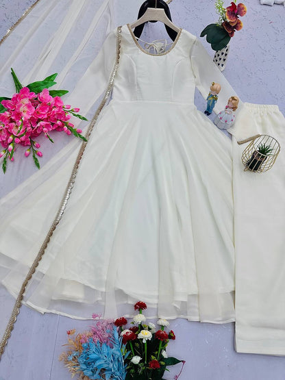 Fashionable White Color Georgette Anarkali Gown