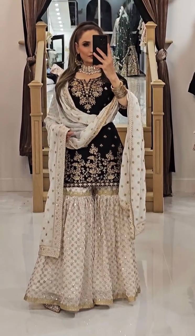 Awesome Georgette Sequence Work Black Color Sharara Suit