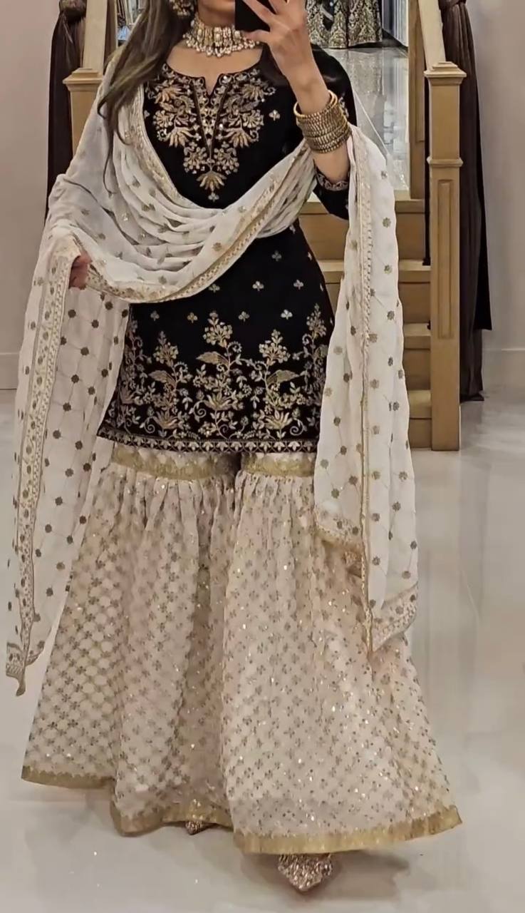 Awesome Georgette Sequence Work Black Color Sharara Suit