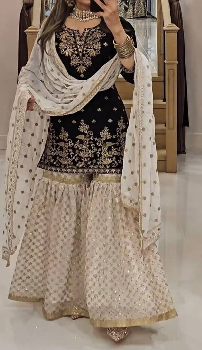Awesome Georgette Sequence Work Black Color Sharara Suit