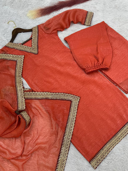 Outstanding Soft Gold Crush Silk Orange Color Palazo Suit