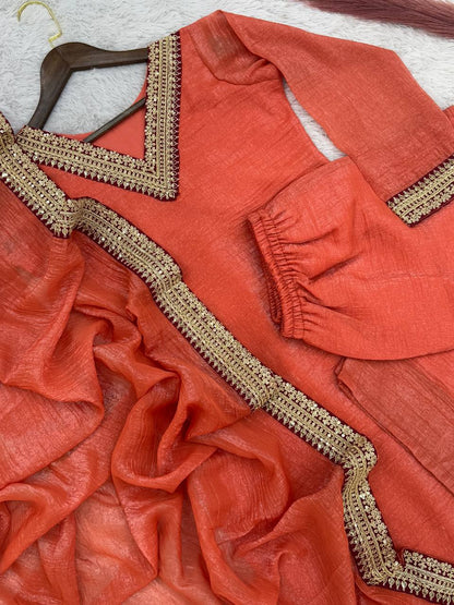 Outstanding Soft Gold Crush Silk Orange Color Palazo Suit