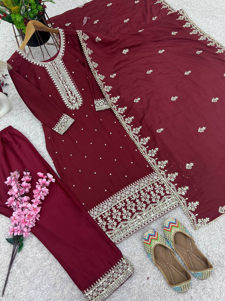 Glossy Chinnon Silk Sequence Work Maroon Color Salwar Suit