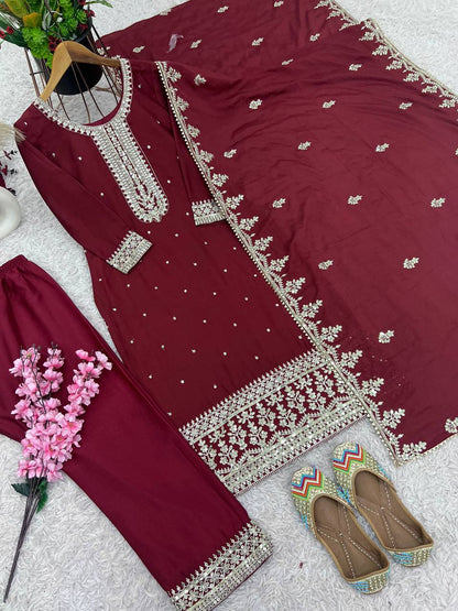 Glossy Chinnon Silk Sequence Work Maroon Color Salwar Suit