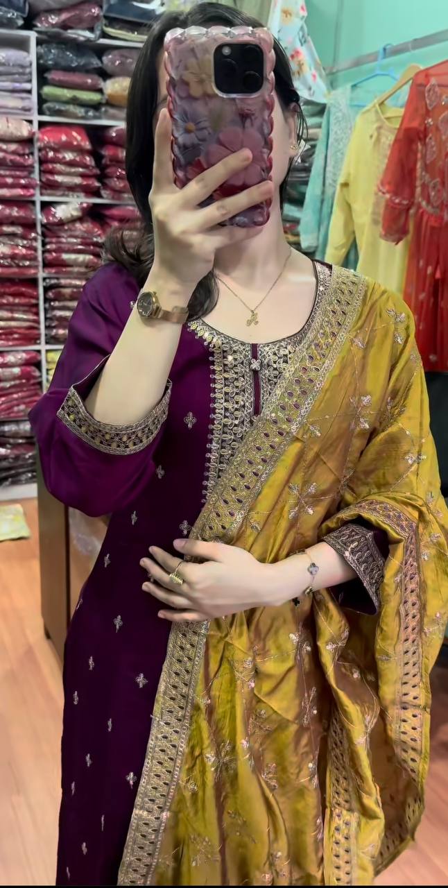 Flattering Wine Color Chinnon Silk Salwar Suit