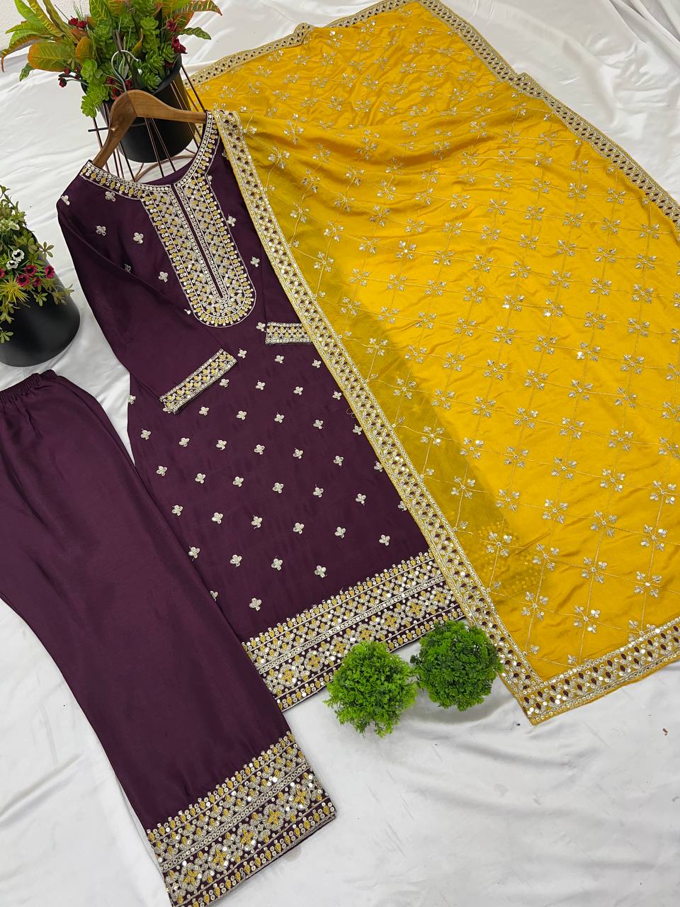 Flattering Wine Color Chinnon Silk Salwar Suit