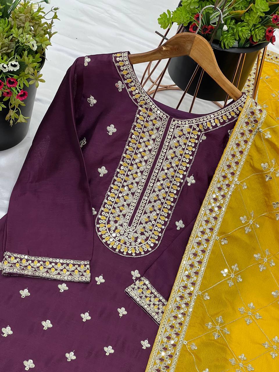 Flattering Wine Color Chinnon Silk Salwar Suit
