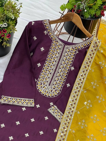 Flattering Wine Color Chinnon Silk Salwar Suit