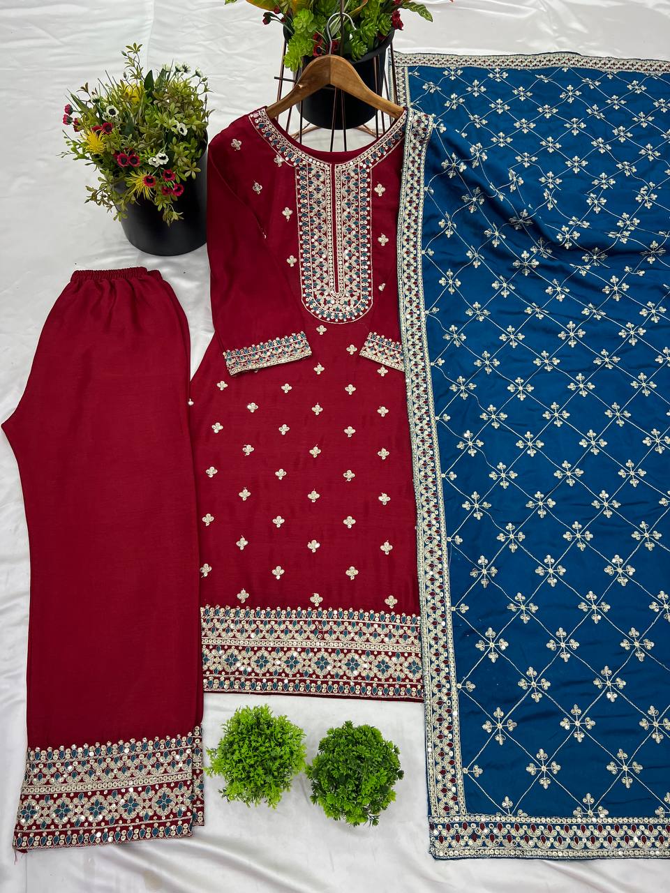 Flattering Red Color Chinnon Silk Salwar Suit